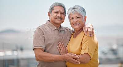 Buy stock photo Couple, happy and outdoor portrait of senior love on retirement vacation in a city bonding and hugging with smile and care. Happiness, support and elderly man and woman being romantic in Puerto Rico 