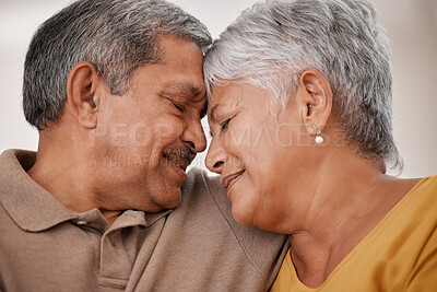 Buy stock photo Senior couple, love and hug, retirement together and bonding with affection in closed eyes closeup. Elderly, man and woman face, care and connection, marriage and strong relationship in old age.