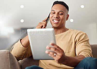 Buy stock photo Phone call, tablet and communication with a black man on the internet for social media or networking in his home. 