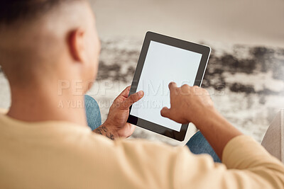 Buy stock photo Mockup screen, tablet and hands of a man on the internet for a search in his house. Back of a person typing on marketing, branding and advertising technology for work, networking and connection