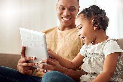 Buy stock photo Children, tablet and family with a girl and father watching movies online together in the home. Kids, technology and entertainment with a man and daughter streaming a subscription service in a house
