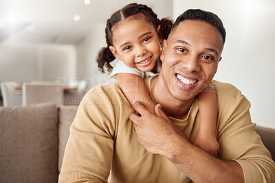 Buy stock photo Love, family and girl relax with father on a sofa, playing, bonding and having fun in a living room. Black family, portrait and child enjoy quality time with parent, smiling, hugging and happy