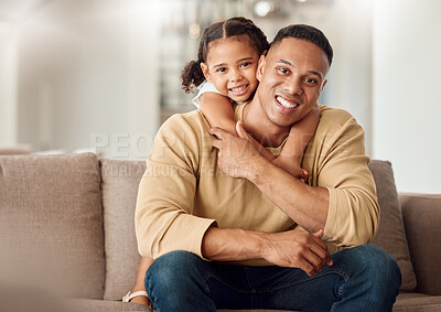 Buy stock photo Happy, father and child hug on sofa for love, care and family bonding time relaxing in the living room at home. Portrait of kid hugging dad with smile for relationship happiness on the couch indoors