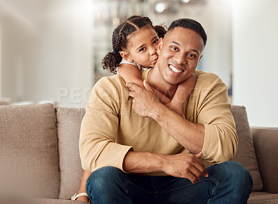 Buy stock photo Relax, love and daughter with father on sofa and hug for family, happy and support together. Lifestyle, smile and portrait of dad and girl in living room at home for happiness, youth and wellness