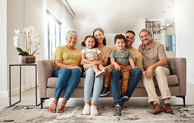 Buy stock photo Family, children and bonding with a girl, boy and parents together in the home of their grandparents for a visit. Kids, love and happy with a big family spending time in the living room of a house