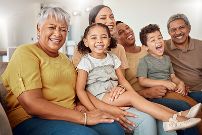 Buy stock photo Grandparents, parents and children being happy, smile or laugh on sofa in living room for bonding, embrace or for loving. Family, mother or father with kids for happiness, together or on lounge couch
