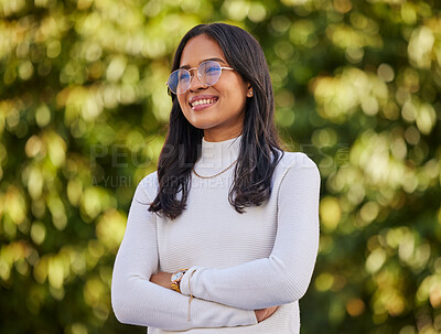 Buy stock photo Thinking, smile and woman with vision in nature during travel, freedom and holiday in New Zealand. Young, happy and girl with idea, arms crossed and pride in a park or garden to relax on vacation