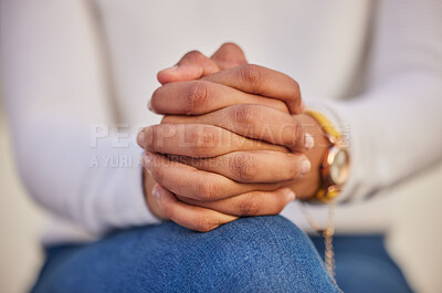 Buy stock photo Hands, thinking and mental health with a woman suffering from anxiety, stress or depression at home closeup. Help, hope and sad with a female feeling confused, depressed or struggling with burnout