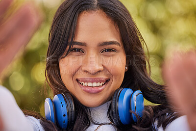 Buy stock photo Selfie portrait of young Indian woman, happy outdoor freedom and weekend lifestyle in Indonesia. Gen z hipster girl streaming podcast, video call of face or relax smile in nature with cool music
