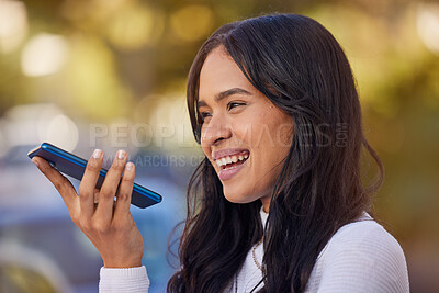 Buy stock photo Phone call, smile and woman in the city while talking on a mobile for communication, information online and search on the web. Happy and young girl speaking to a voice assistant on a smartphone
