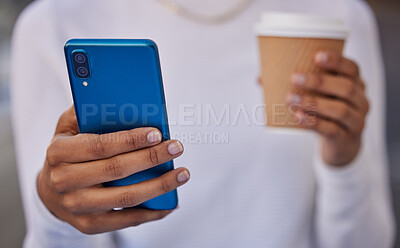 Buy stock photo Smartphone in hand, technology and communication, coffee and social media check, internet search with 5g network on a break. Woman, online with contact and web connection, cellphone closeup.