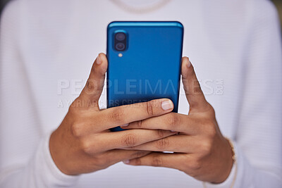 Buy stock photo Hands, phone and social media in communication for texting, browsing or email of freelancer at home. Closeup hand of casual person typing, chatting or searching on mobile smartphone in conversation