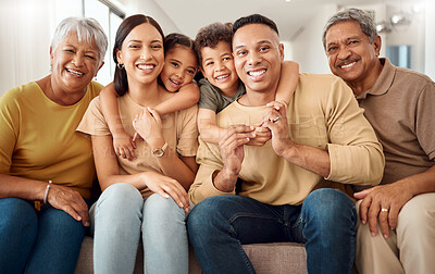 Buy stock photo House, portrait and happy big family love enjoying quality time, gathering and having fun bonding in Colombia. Mother, father and elderly grandparents relaxing on a sofa with young children siblings