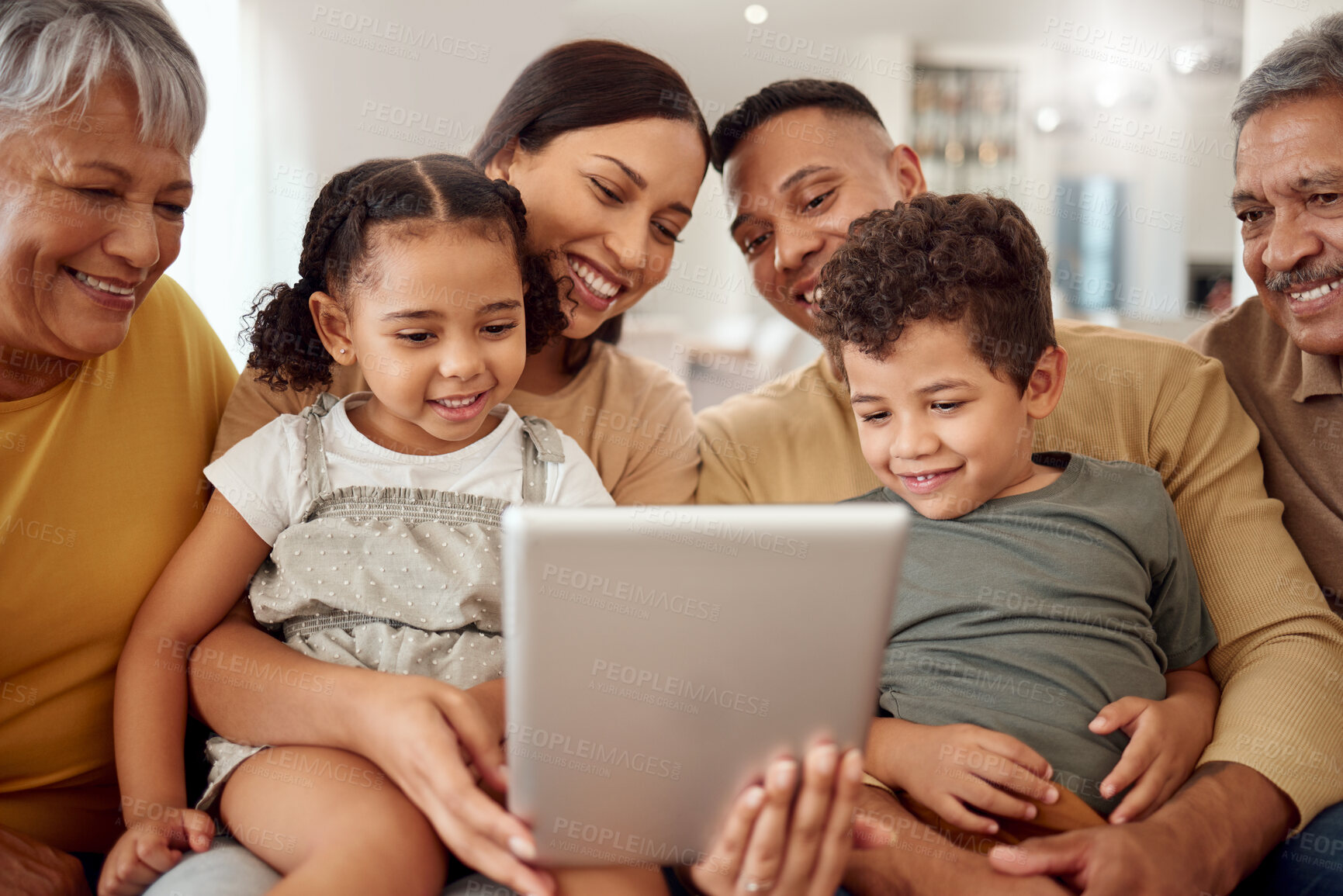 Buy stock photo Family, tablet and video call with smile sofa together in living room in home with love, happiness and bonding. Black family, video conference and technology for communication, kids and parents