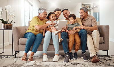 Buy stock photo Family, children and tablet on home sofa for elearning, online education and digital teaching software website. Happy grandparents, mom and dad or women and men help kids with ebook or internet game

