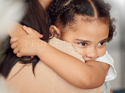 Buy stock photo Child girl, hug and protection for holding mother, doing embrace and being sad. Black mother, nanny and daughter have quality time, safety and fear being moody, grief and disappointed with consoling.