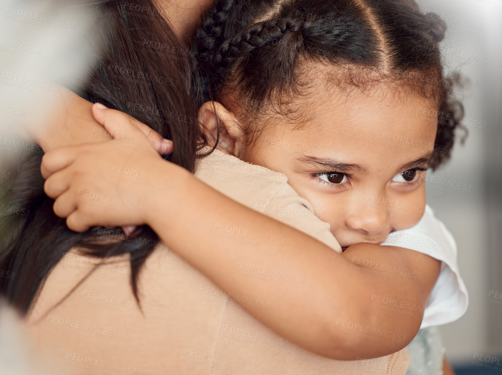 Buy stock photo Child girl, hug and protection for holding mother, doing embrace and being sad. Black mother, nanny and daughter have quality time, safety and fear being moody, grief and disappointed with consoling.