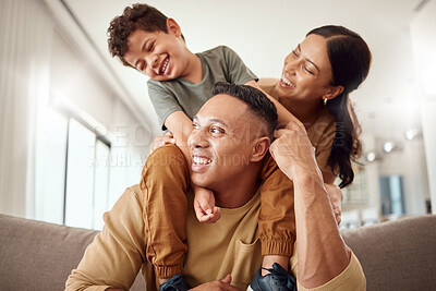 Buy stock photo Family love, child and happy parents have fun bonding on sofa in family home with a smile while laughing in living room. Mom, dad and kid relax smiling together on couch whille spending time in house