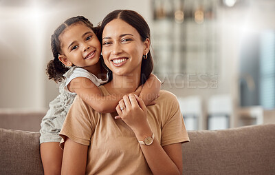 Buy stock photo Black family, hug and portrait of child with mother, mom or mama bond, relax and enjoy quality time together. Love, happy family and woman with kid girl smile, care or lounge on home living room sofa