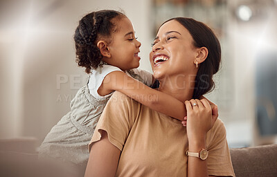 Buy stock photo Happy mama with girl child, hug in home and weekend play time lifestyle for mom parent. Funny crazy kid in living room,  mother holding toddler with smile and love bonding together on mothers day