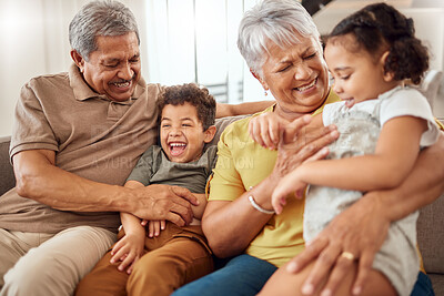 Buy stock photo Love, happy family and grandparents with funny kids at home for babysitting, care and bonding in retirement. Grandmother, grandpa and children or siblings having fun, laughing in a weekend in Brazil