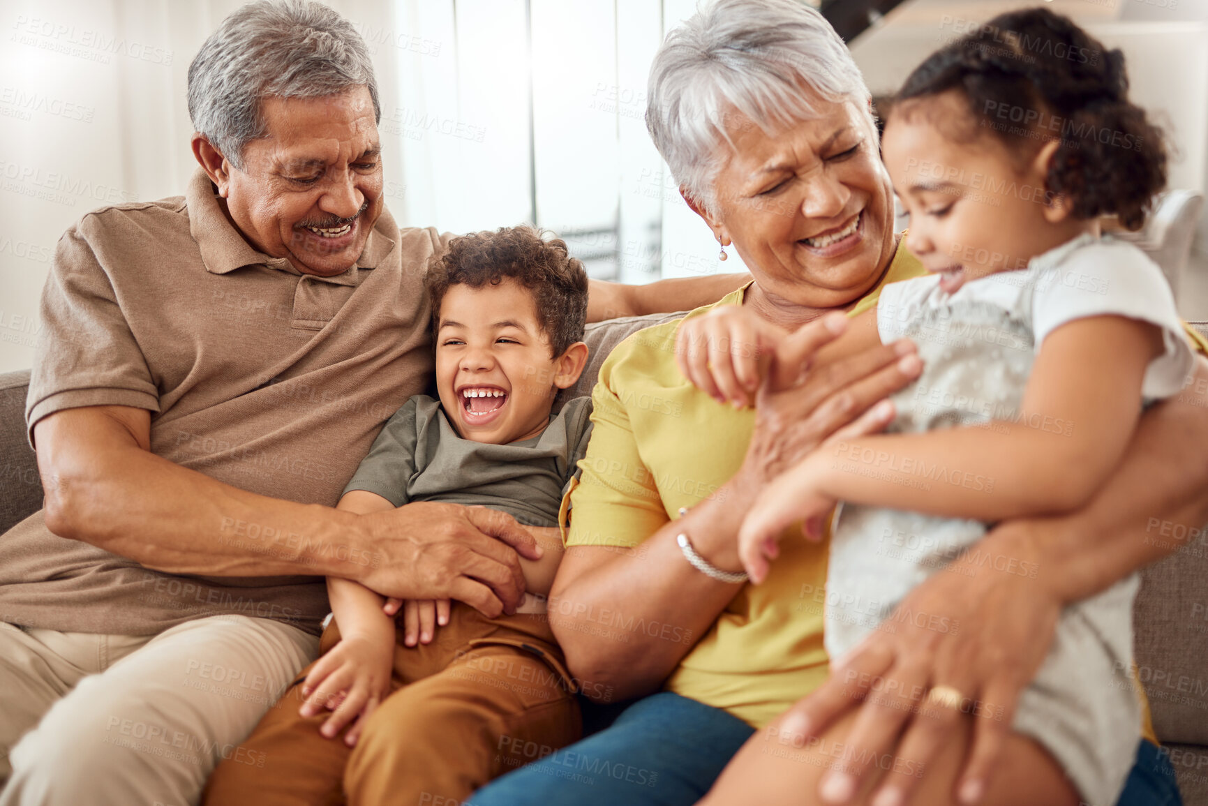 Buy stock photo Love, happy family and grandparents with funny kids at home for babysitting, care and bonding in retirement. Grandmother, grandpa and children or siblings having fun, laughing in a weekend in Brazil