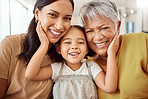 Children, family and generations with a girl, mother and grandmother together in their home during a visit. Kids, portrait and love with a senior woman, daughter and granddaughter bonding in a house