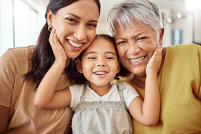 Buy stock photo Children, family and generations with a girl, mother and grandmother together in their home during a visit. Kids, portrait and love with a senior woman, daughter and granddaughter bonding in a house