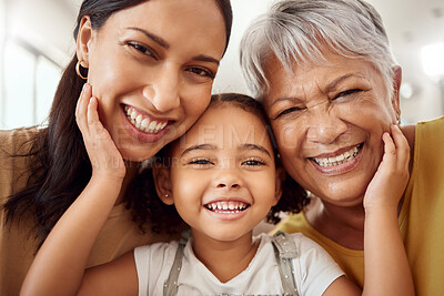 Buy stock photo Happy mom with child, grandmother smile for portrait and young girl's family in Mexico home together. Senior woman generation with elderly face, international women's day and mothers day love