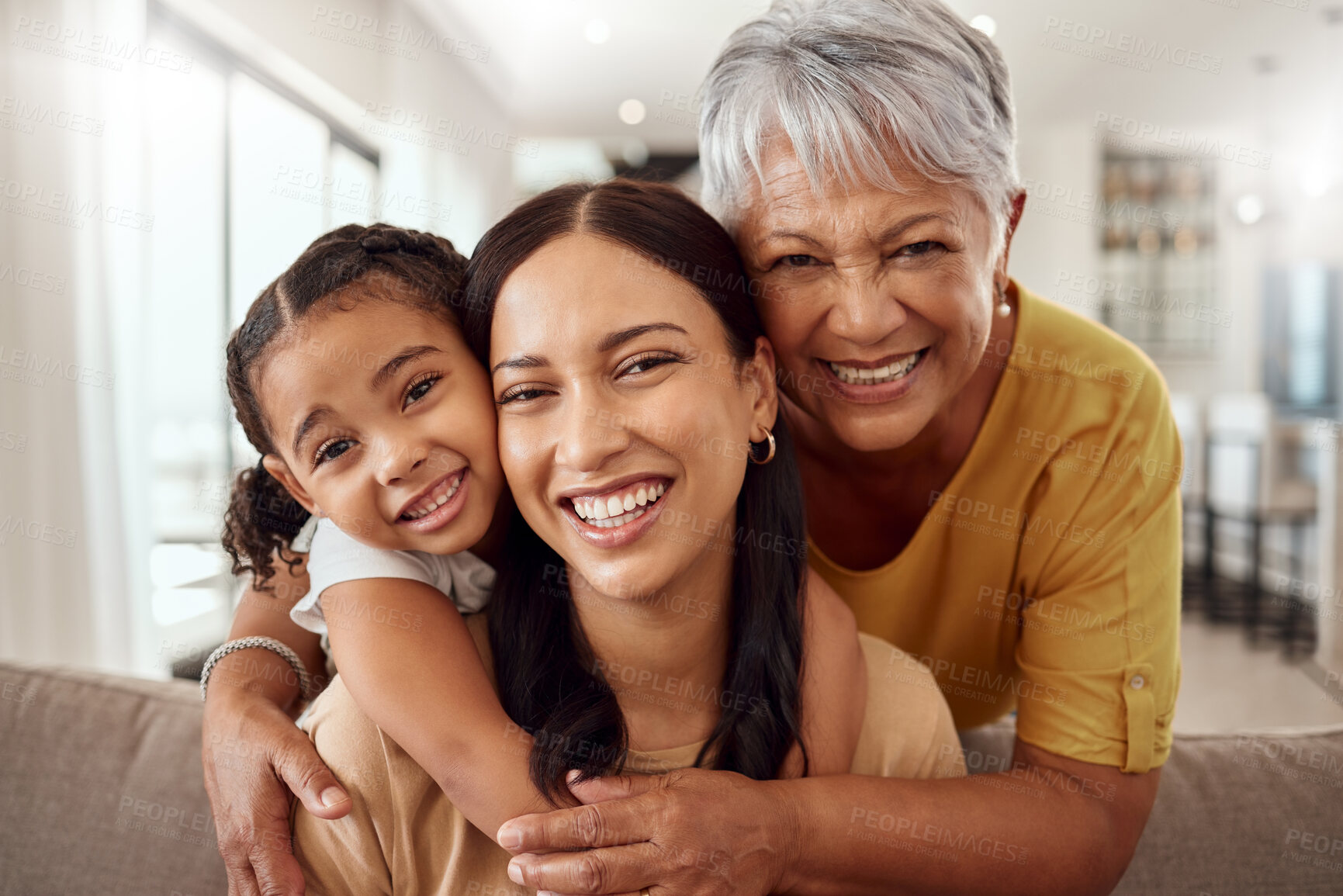 Buy stock photo Child, mother and grandmother portrait while at home on sofa with smile, love and support sharing hug for generation of senior, woman and child. Portrait of brazil girls happy on mothers day together
