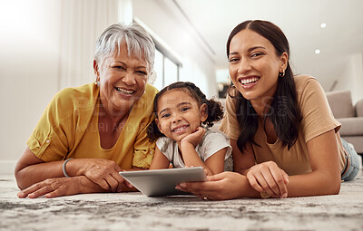 Buy stock photo Child, grandma and mother portrait with tablet on floor of living room for movie streaming. Happy family, love and smile of women bonding with digital app entertainment at home in Mexico.