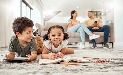 Buy stock photo Happy family, learning and kids on a floor, drawing, bonding and relax with parents on sofa in the background. Children, learning and family quality time in a living room with boy and girl having fun