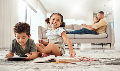Buy stock photo Tablet, books and children learning on carpet parents in living room for holiday, digital education and kindergarten knowledge with girl portrait. Family relax with technology on lounge floor writing