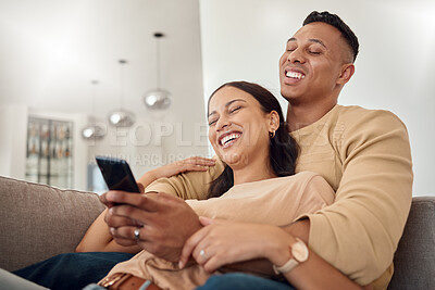 Buy stock photo Phone, happy and couple on a social media meme internet page or website online laughing at funny content. Smile, subscription and young woman loves bonding and streaming comedy with partner at home