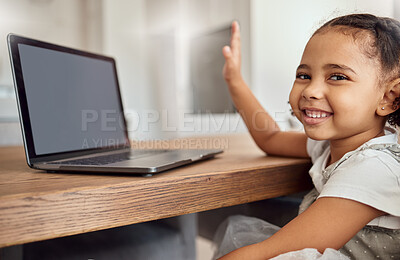 Buy stock photo Education, online learning and girl with question on laptop, webinar or online class. Distance learning, mock up and happy student, kid or child with answer at desk studying alone in house mockup.