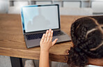 Hand, laptop and education with a student girl asking a question during an online class for learning and development. Kids, student and study with a female child gesturing a wave while e-learning