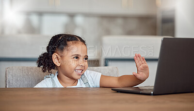 Buy stock photo ??Girl, waving and laptop distance learning education for kids, house lockdown children and home students. Smile, happy and greeting student on technology for education and e learning zoom video call