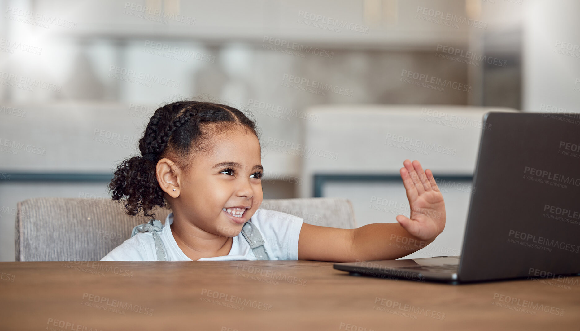 Buy stock photo ??Girl, waving and laptop distance learning education for kids, house lockdown children and home students. Smile, happy and greeting student on technology for education and e learning zoom video call