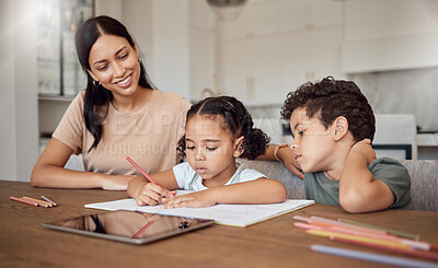 Buy stock photo Education, mom and helping children with homework sitting at table, writing and drawing. Teaching, learning and mother with boy and girl to help with school work, learn to read and write at home