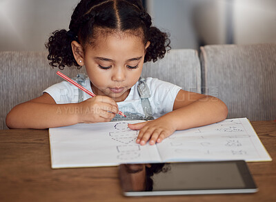 Buy stock photo Education, homework and child writing in notebook for preschool e learning, shape study or homeschool. Student youth kid, knowledge and young black girl studying, working and drawing with pencil