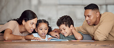 Buy stock photo Mom, dad and kids with books for reading, learning and education in home together for bonding. Black family, children and book on desk for study, childhood development  and spelling of words in house