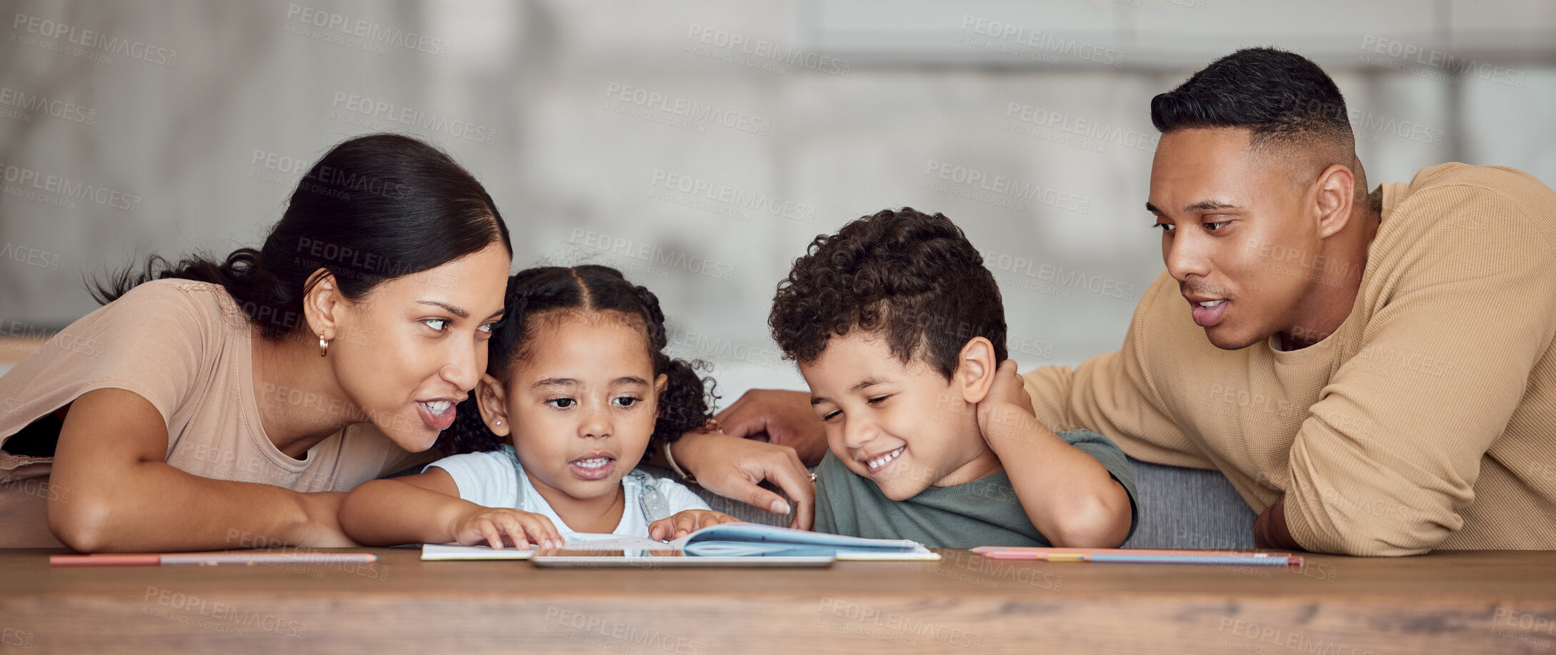 Buy stock photo Mom, dad and kids with books for reading, learning and education in home together for bonding. Black family, children and book on desk for study, childhood development  and spelling of words in house