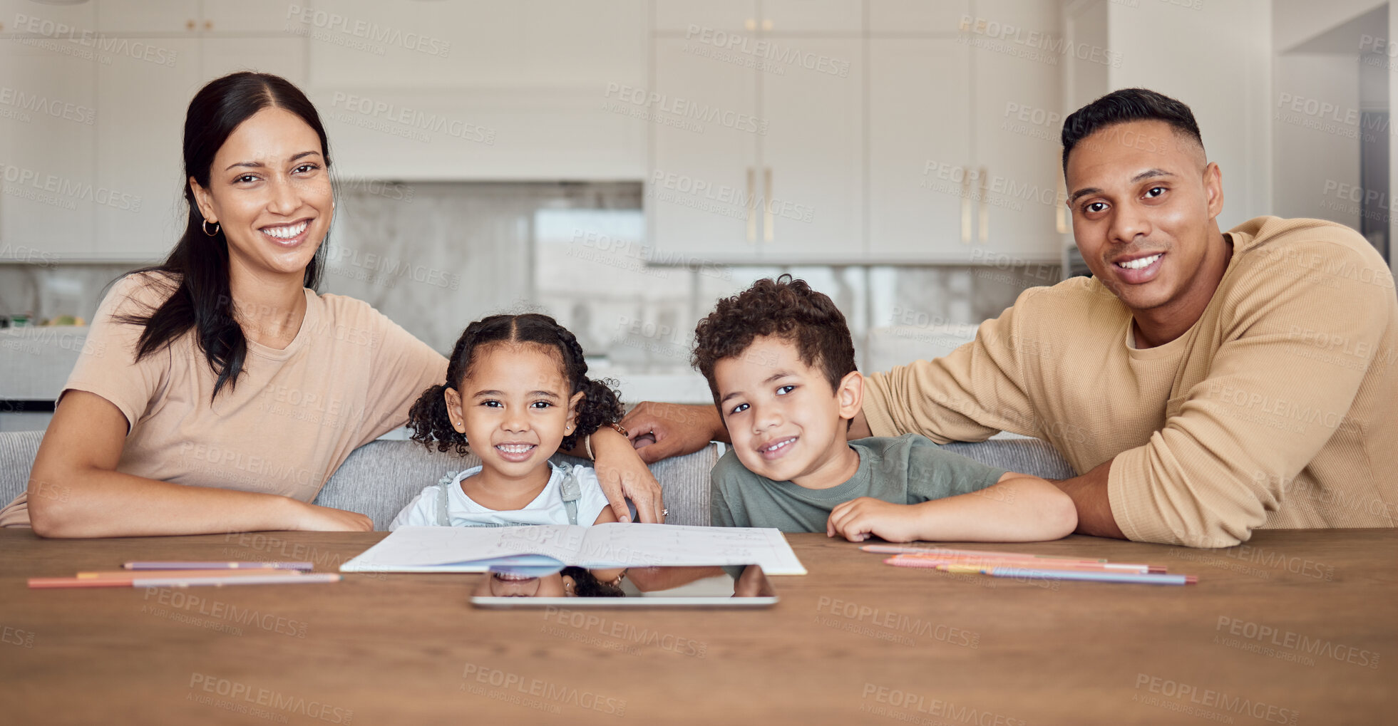 Buy stock photo Family, books and children homeschool help in home or house in distance learning, lockdown education or e learning. Portrait, smile or happy parents and kids, digital tablet or homework study support