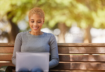 Buy stock photo Woman, laptop and smile in park while on social media, reading or writing on web. Black woman, writer and happy with computer in sunshine to relax outdoor by trees for study, poetry and technology