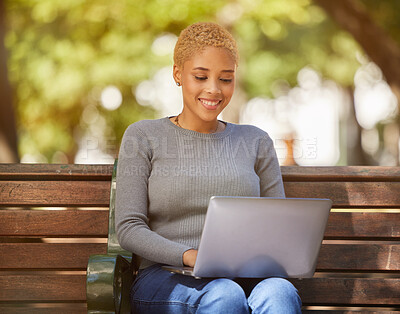 Buy stock photo Happy black woman, laptop and outdoor relax in sunshine on bench in city, online job search or remote work in park. Young girl smiling, creative writer or copyright designer on 5g zoom meeting app