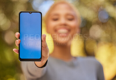 Buy stock photo Green screen phone, mockup and woman blue mobile app for advertising, brand and digital marketing space. Hands, smartphone tech and social media, website network and multimedia web design connection