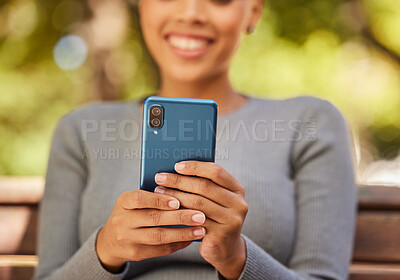 Buy stock photo Smartphone, smile and woman hands while streaming in a nature park, online subscription or social media post. 5G communication, smile and happy girl reading internet news or networking with contact