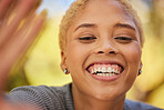 Happy, selfie and portrait of a woman with a smile outdoor in nature with a positive mindset. Happiness, excited and girl model from Mexico with freedom, energy and adventure on a journey or holiday.