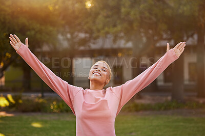 Buy stock photo Freedom, nature and happy woman in park to relax and have fun outdoor in nature for peace, quiet and freedom mindset. Happiness, fitness and spiritual zen girl with arms outstretched being mindful