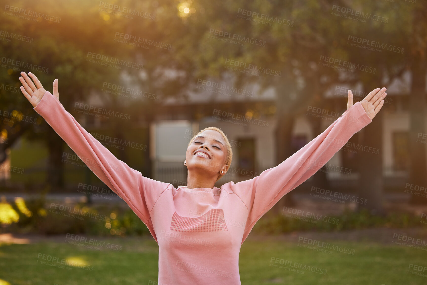 Buy stock photo Freedom, nature and happy woman in park to relax and have fun outdoor in nature for peace, quiet and freedom mindset. Happiness, fitness and spiritual zen girl with arms outstretched being mindful